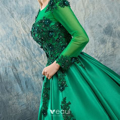 Chic Beautiful Dark Green Prom Dresses 2017 Ball Gown Scoop Neck Long