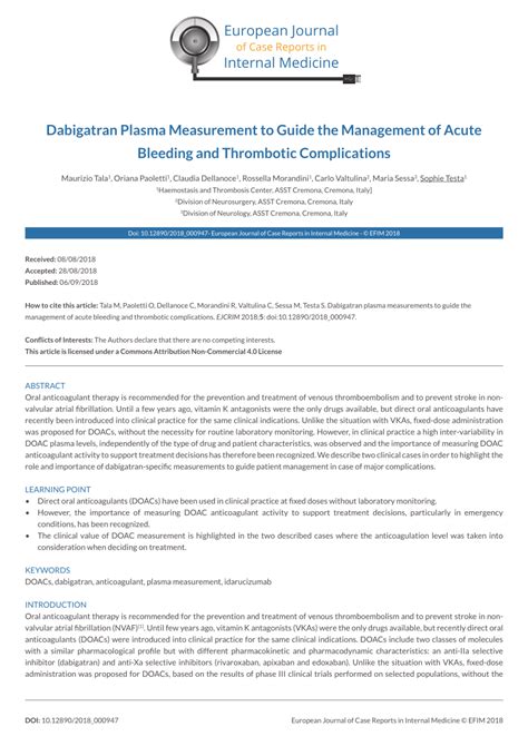 Pdf Dabigatran Plasma Measurement To Guide The Management Of Acute