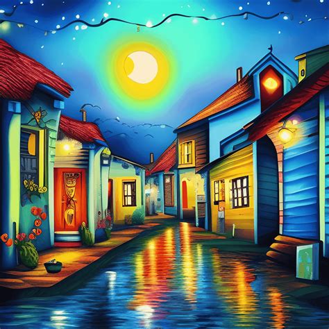 Beautiful Village Moonlight Graphic · Creative Fabrica