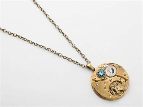 Steampunk Necklace Antique Gold Pocket Watch Movement Gears Aquamarine