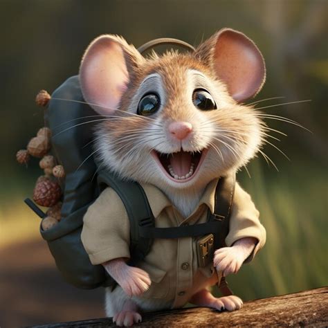 Ilustración de un ratón con una mochila sonriendo realista