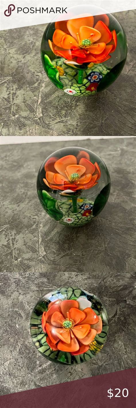 Vintage Art Glass Paperweight Flower Round Orange White Green Blue Yellow Vintage Art Glass