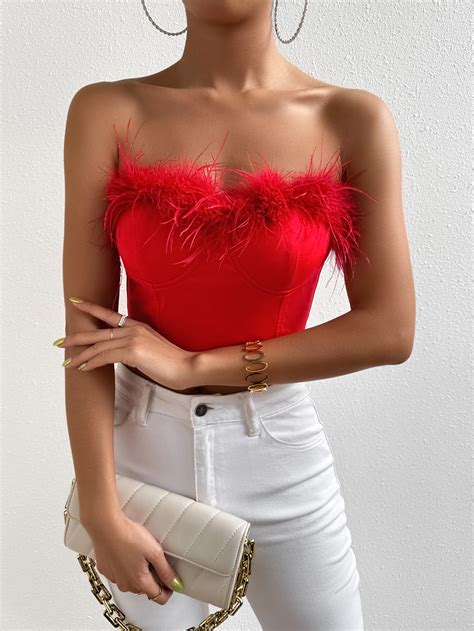 Shein Bae Pc Fuzzy Trim Bustier Crop Tube Top Shein Usa