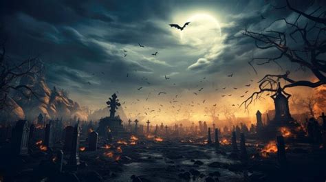 Premium AI Image | Scary graveyard with bats crows cemetery on creepy Halloween night generative ...