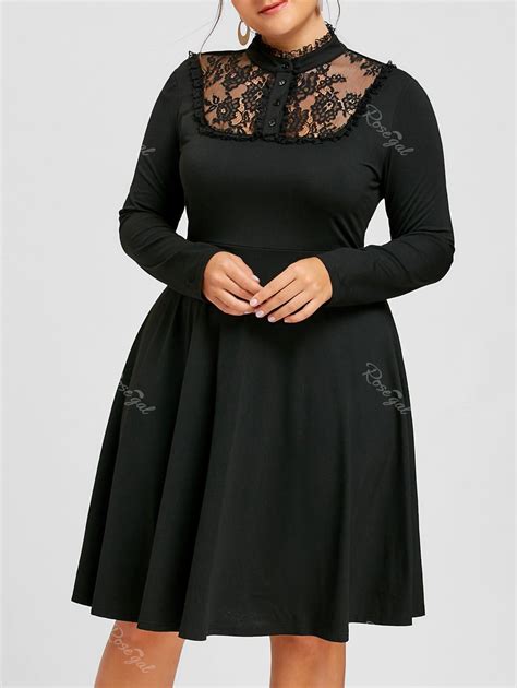 2018 Plus Size Lace Panel Fit And Flare Dress In Black 5xl