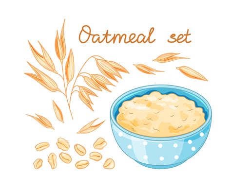 Oat Meal Set Cartoon Style For Healthy Food Design Bowl Oatmeal Ear