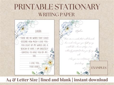 Printable Blue Flower Writing Paper A4 And Letter Size Floral Writing Paper Instant Download