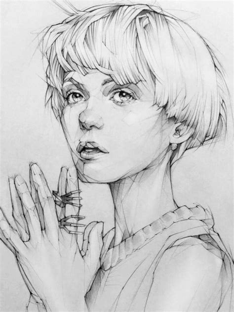 A Pencil Drawing Of A Woman With Her Hand On Her Face And Hands Clasped