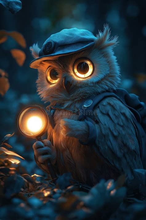 Curious Owl Explorer Investigating Night Forest with Magnifying Glass ...