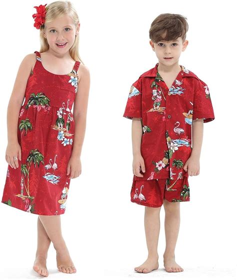 Traje Hawaiano Luau A Juego Para Niños Y Niñas En Atardecer Rojo Y Azul