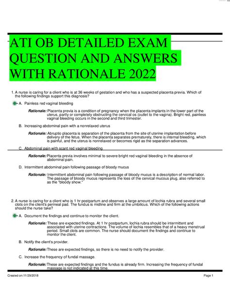 ATI OB DETAILED EXAM QUESTION AND ANSWERS WITH RATIONALE 2022