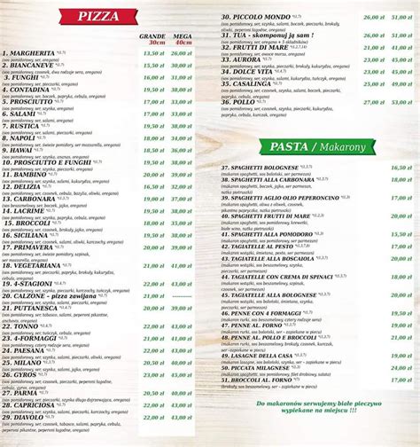 Menu at Pizzeria Piccolo Mondo, Chojnów