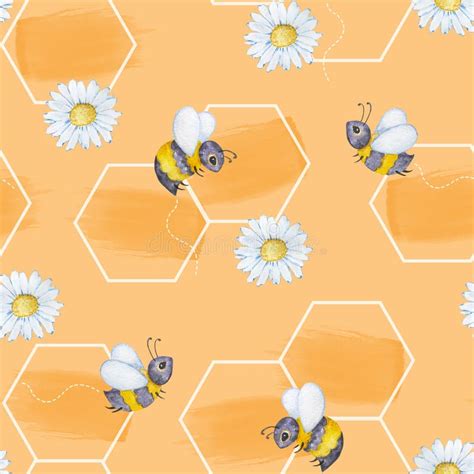 Seamless Pattern Of Watercolor Honeycombs And Cute Bees Stock