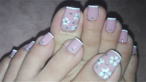 Elegant Bling Floral Toe Nail Art Tutorial French Pedicure Nail Art