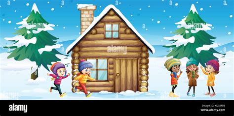 Winter scene with children playing in the snow illustration Stock ...