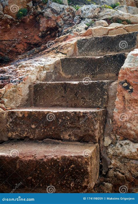 Old Stone Steps On Hiking Path On Sea Coast In Atalis Nature Park Near