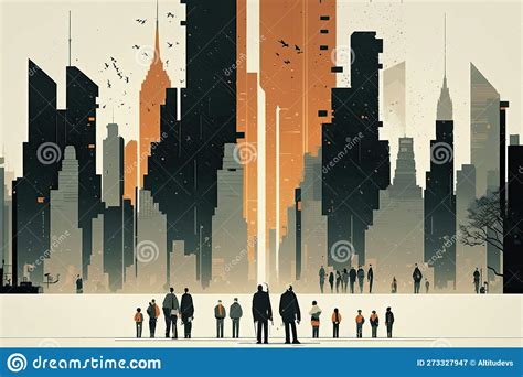 Cityscape With Minimalist Illustration Of People And Buildings In The