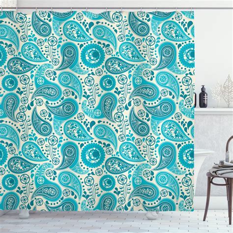 Turquoise Decor Shower Curtain Set Paisley Pattern Antique Floral