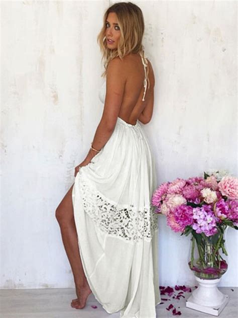 White Summer Dress Split Womens Backless Maxi Dress Power Day Sale