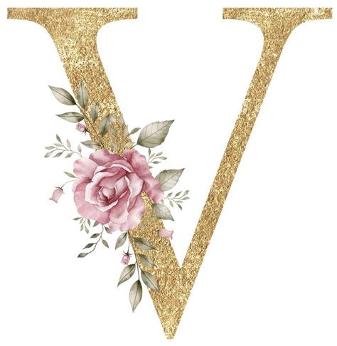 Letra V Floral Dourado Glitter Png Aquarela Floral Letras Flores