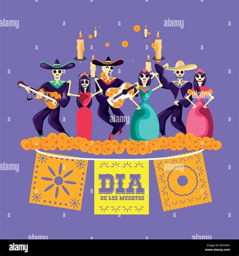 Mariachi And Catrina Skulls Day Of The Dead Party Vector Illustration