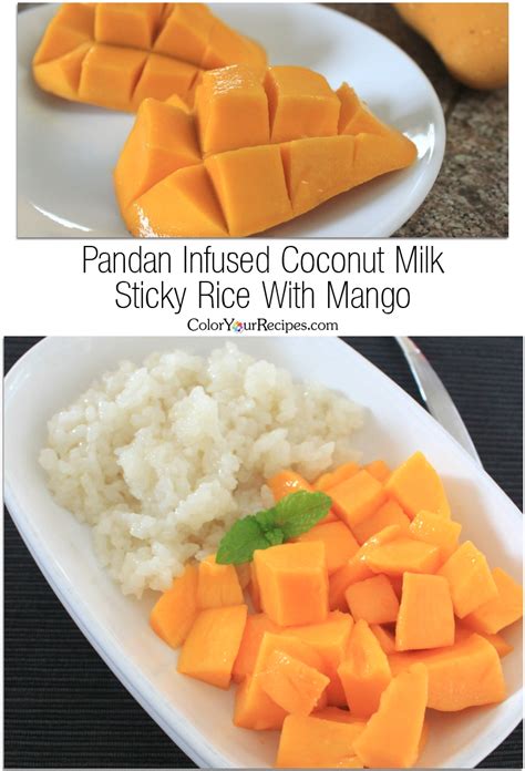 Pandan Infused Coconut Milk Sticky Rice with Mango • Color Your Recipes