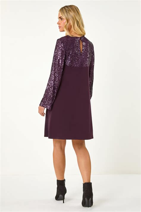 Plum Petite Contrast Sequin Shift Stretch Dress Petite UK