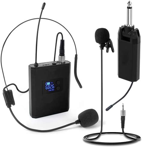 UHF Wireless Microphone System Headset Microphone/Lavalier Lapel Mic with Rechargeable Bodypack ...