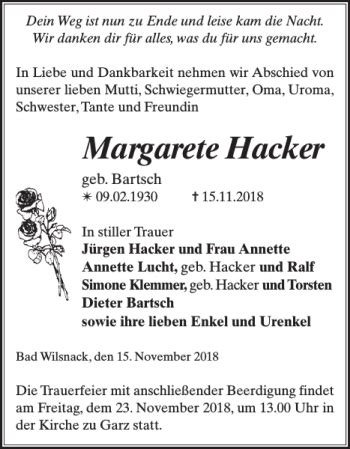 Traueranzeigen Von Margarete Hacker Trauer Nordkurier