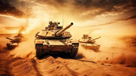 Premium Photo | A group of tanks driving through the desert