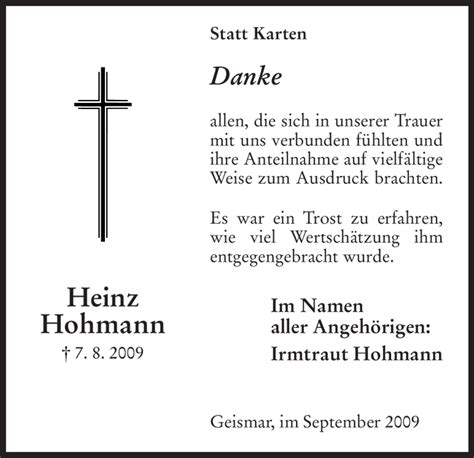 Traueranzeigen Von Heinz Hohmann Trauer Hna De