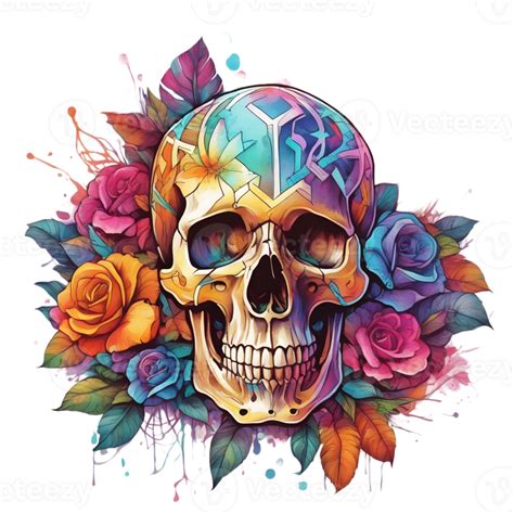 Abstract Watercolor Skull With Flowers Watercolor Floral Skull Design