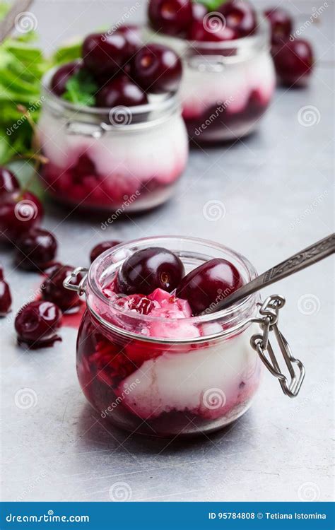 Traditional Italian Dessert Panna Cotta With Fresh Sweet Cherry Stock