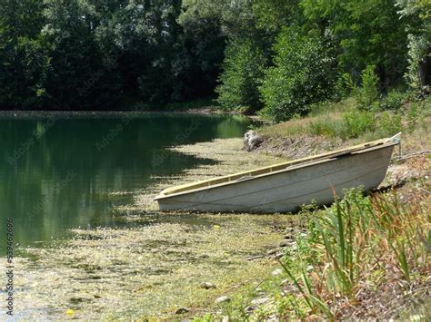 petite barque de bois au bord d un etang servant au pécheurs par une