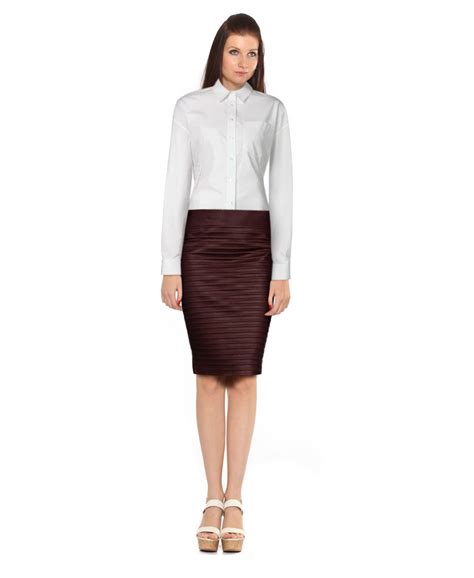 Womens Front Ribbed Lambskin Leather Pencil Skirt