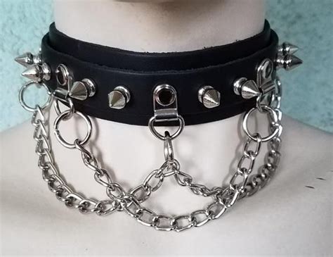 Black Leather Choker Collar W Spikes And Chain Etsy Canada Black