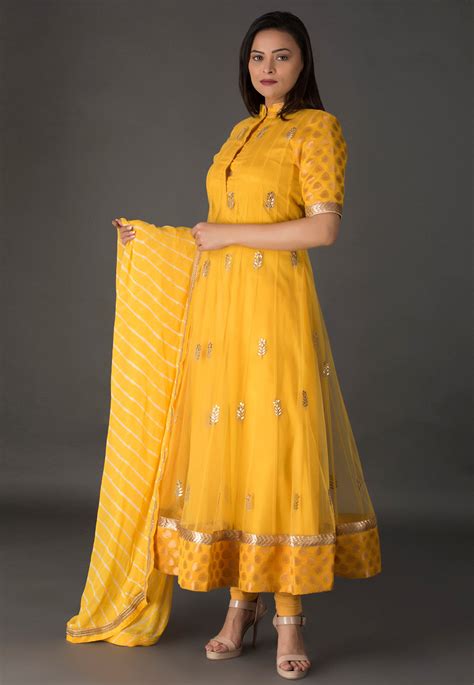 Buy Gota Patti Net Anarkali Suit In Mustard Online Kjn3173 Utsav