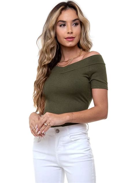 Mimall Blusa Canelada Canoa Blusinha Feminina Camisa Manga Curta Bojo