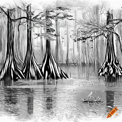 Serene Black And White Line Art Landscape With Bald Cypress Trees In