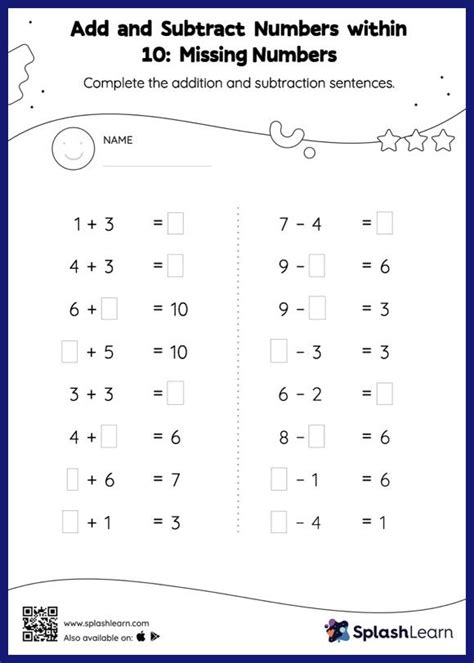 Add And Subtract Numbers Within 10 Missing Numbers Math Worksheets