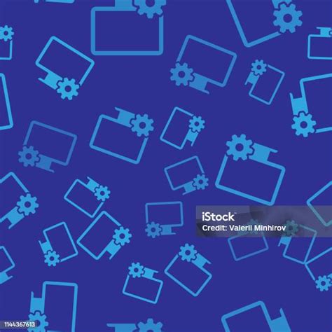 블루 컴퓨터 모니터와 기어 아이콘 고립 된 완벽 한 패턴에 파란색 배경 조정 응용 프로그램 설정 옵션 유지 보수 수리 모니터