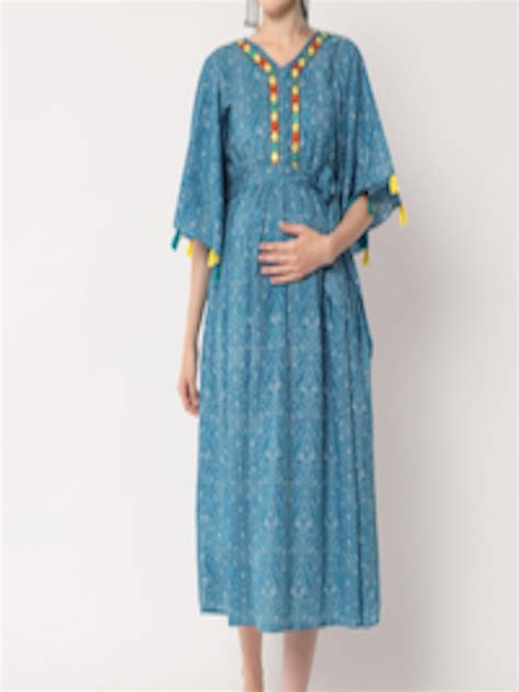 Buy Aujjessa Women Blue Ethnic Motifs Maternity Kaftan Dress Dresses