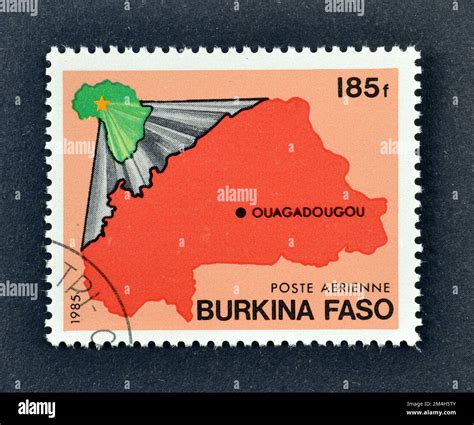 Cancelled postage stamp printed by Burkina Faso, that shows Map of ...