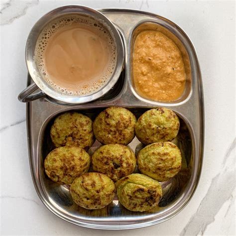 Spinach Paniyaram Tomato Onion Chutney With Coconut And Tea Foood