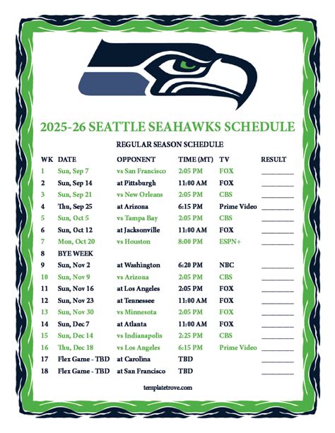 printable   seattle seahawks schedule