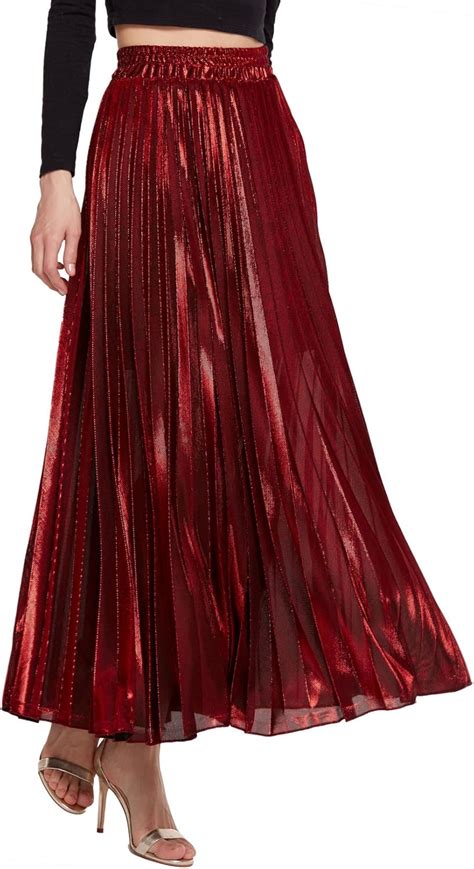 Buy Chartou Womens Premium Metallic Shiny Shimmer Accordion Pleated Long Maxi Skirt Online At