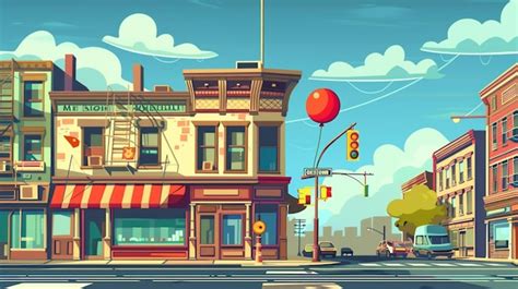 Cute Vector Cartoon City Street Corner With Colorful Buildings And A