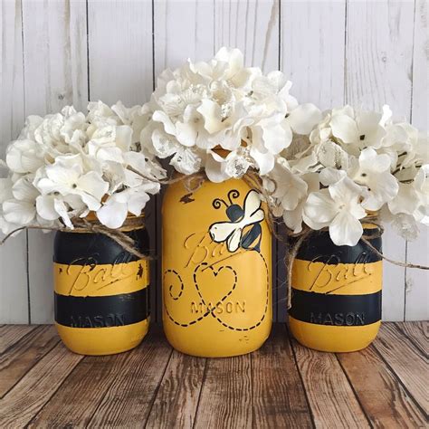 Bumble Bee Mason Jars Home Decor Set Of 3 Mason Jars Black Etsy