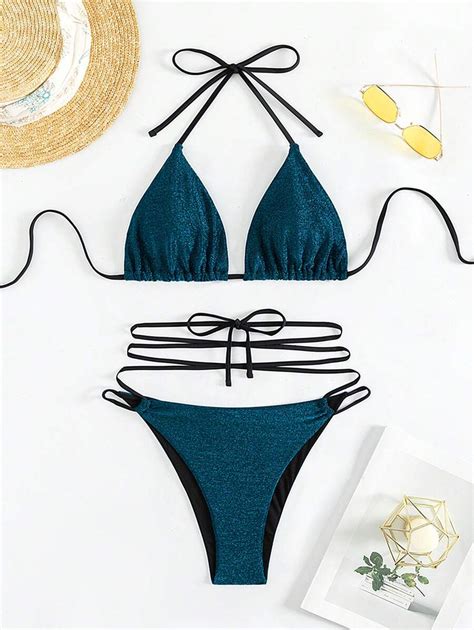 SHEIN Swim Basics Conjunto De Bikini Brillante Con Copa Triangular Y