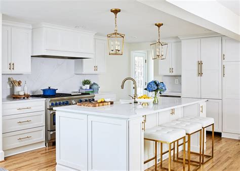 Transitional Painted White Kitchen With Gold Accents Crystal Cabinets